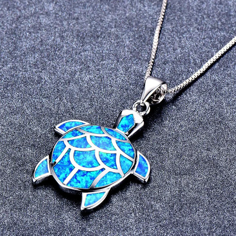 

2022 New Cute Turtle Pendant Necklaces 925 Silver Filled Blue Green White Fire Opal Necklace Wedding Jewelry Gift For Women Girl