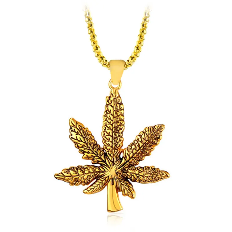 Золотое большое ожерелье кленовый лист Конопляный кулон Очаровательная цепочка