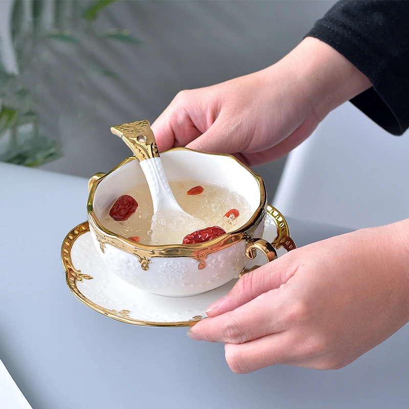 250 мл Золотая инкрустация кофейная чашка блюдце ложка набор роскошная фарфоровая