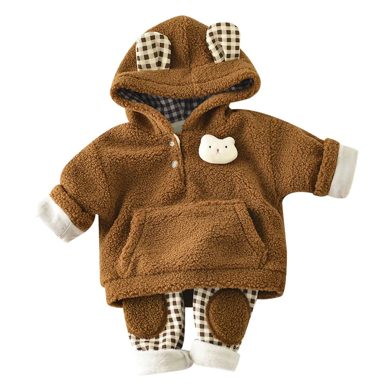 

2PCS WLG Baby Winter Clothes Boys Girls Velvet Thick Hooded Jacket and Plaid Pant Set Toddler Warm Clothing Set