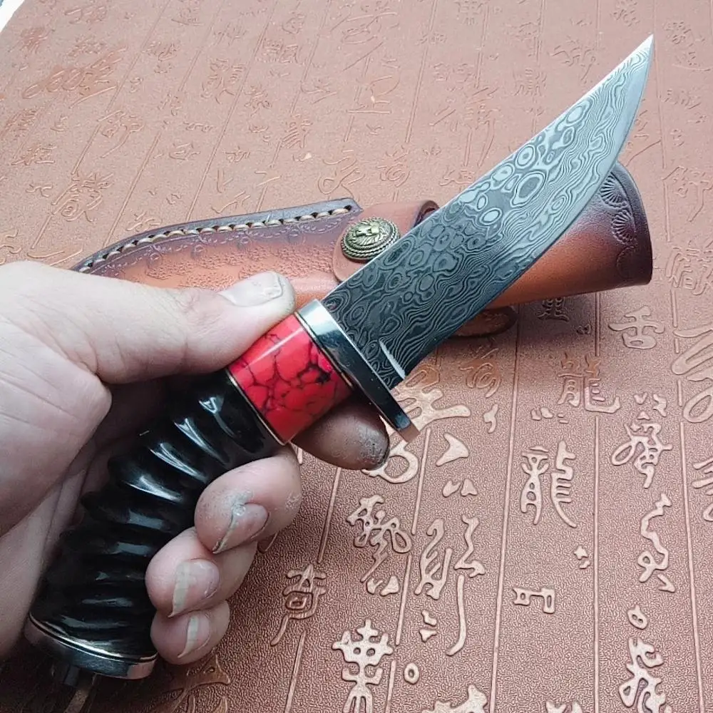 Нож из стали дамасск с ручкой из черного когтя оленя, ручной работы, охотничий подарок.