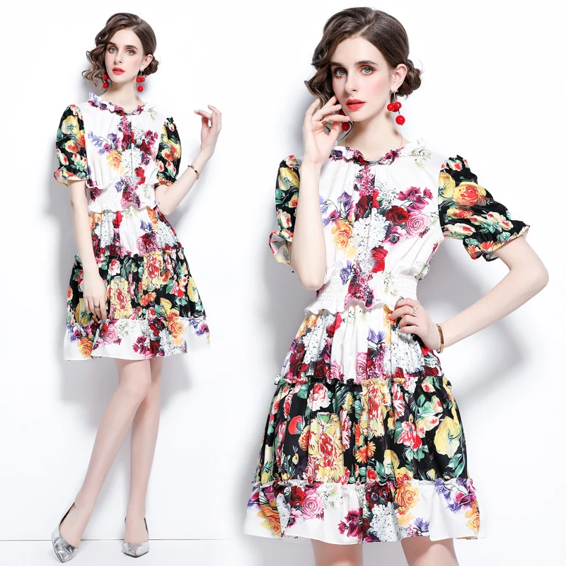 

High Quality Summer Floral Dress fashion New Women Beach Ruffles Flower Print Puff Sleeve Elastic Waist Folds A Line Party dress