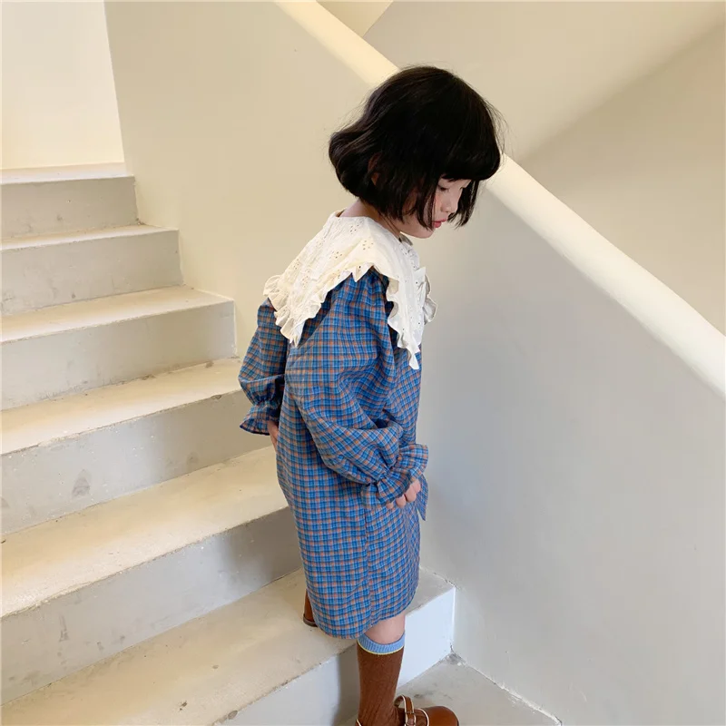 

Spring Loose Dress For Baby Girl Spring Fashion Lace Collar Long Sleeve Plaid Little Princess Dresses For Kids Clothing