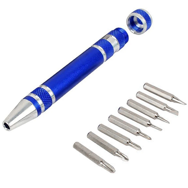 

2 Set Mini Screwdriver Set 8 in 1 Durable Gadgets Repair Aluminum Pen Handle Cross Slotted Tool Kit, Blue & Red