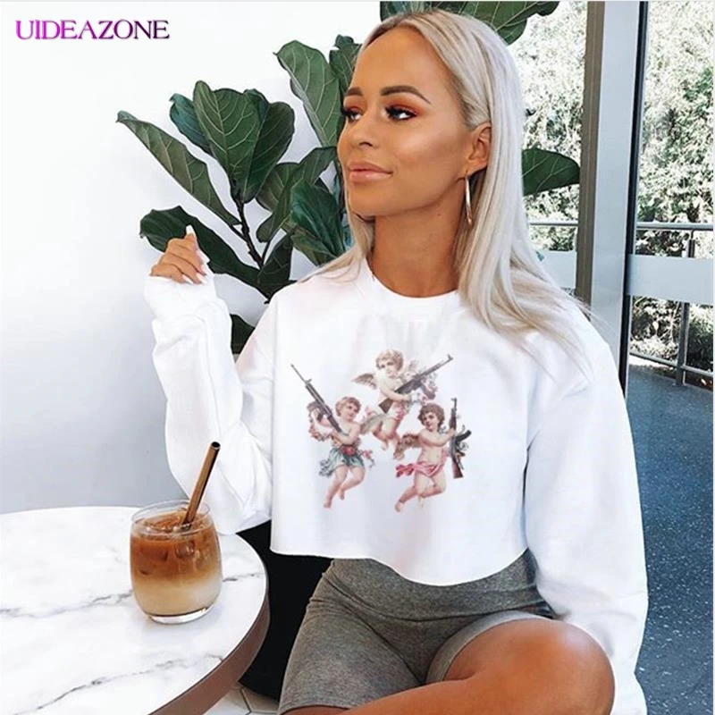 Милые женские толстовки с принтом ангела укороченные топы длинным рукавом и