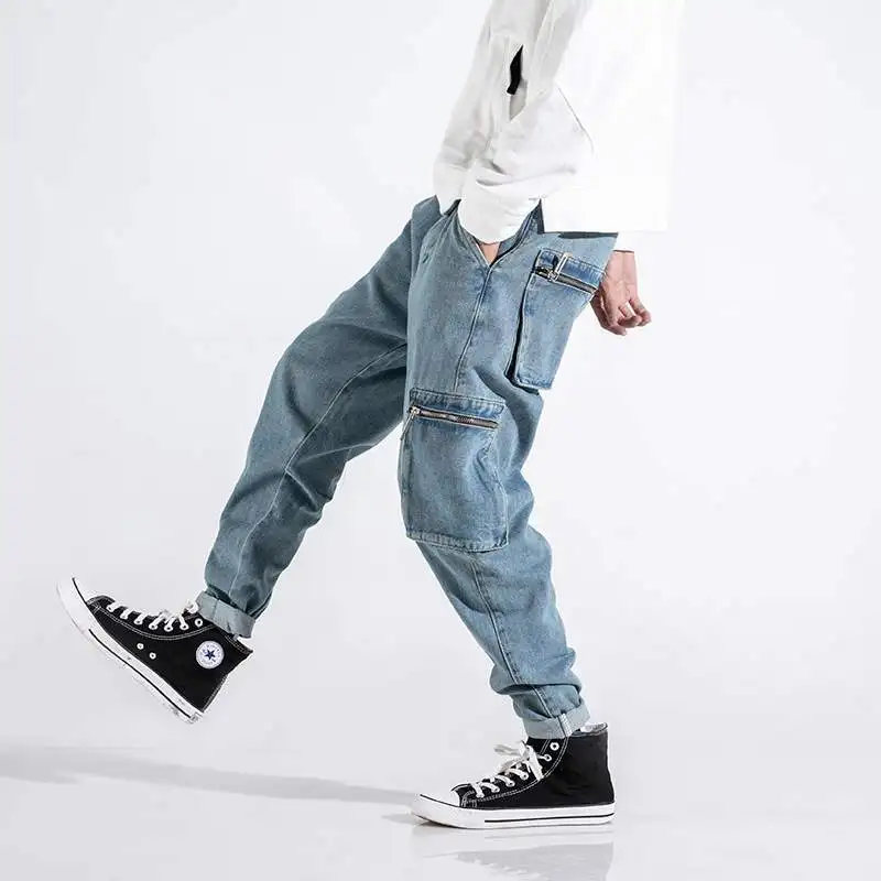 

Korean Style Fashion Men Jeans Loose Fit Multi Pockets Casual Denim Cargo Pants Homme Streetwear Hip Hop Wide Leg Harem Trousers