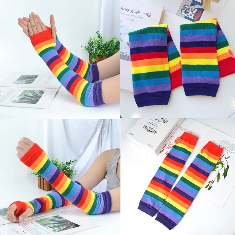 

Knitted Arm Sleeves Elbow Length Athletic Sports Sleeve Tattoo Cover Up Sun Protection Rainbow Stripe Arm Covers