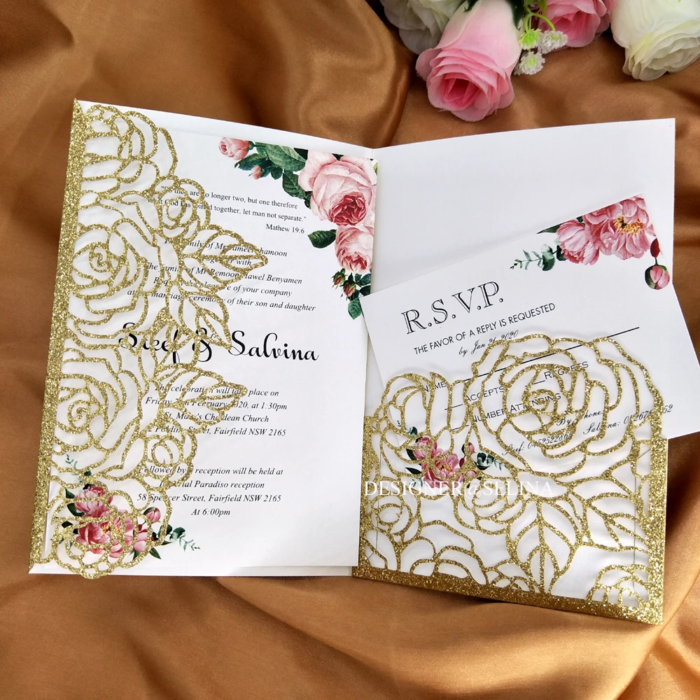 Роскошные блестящие карманные приглашения на свадьбу с лазерной резкой и rсвп 30 +