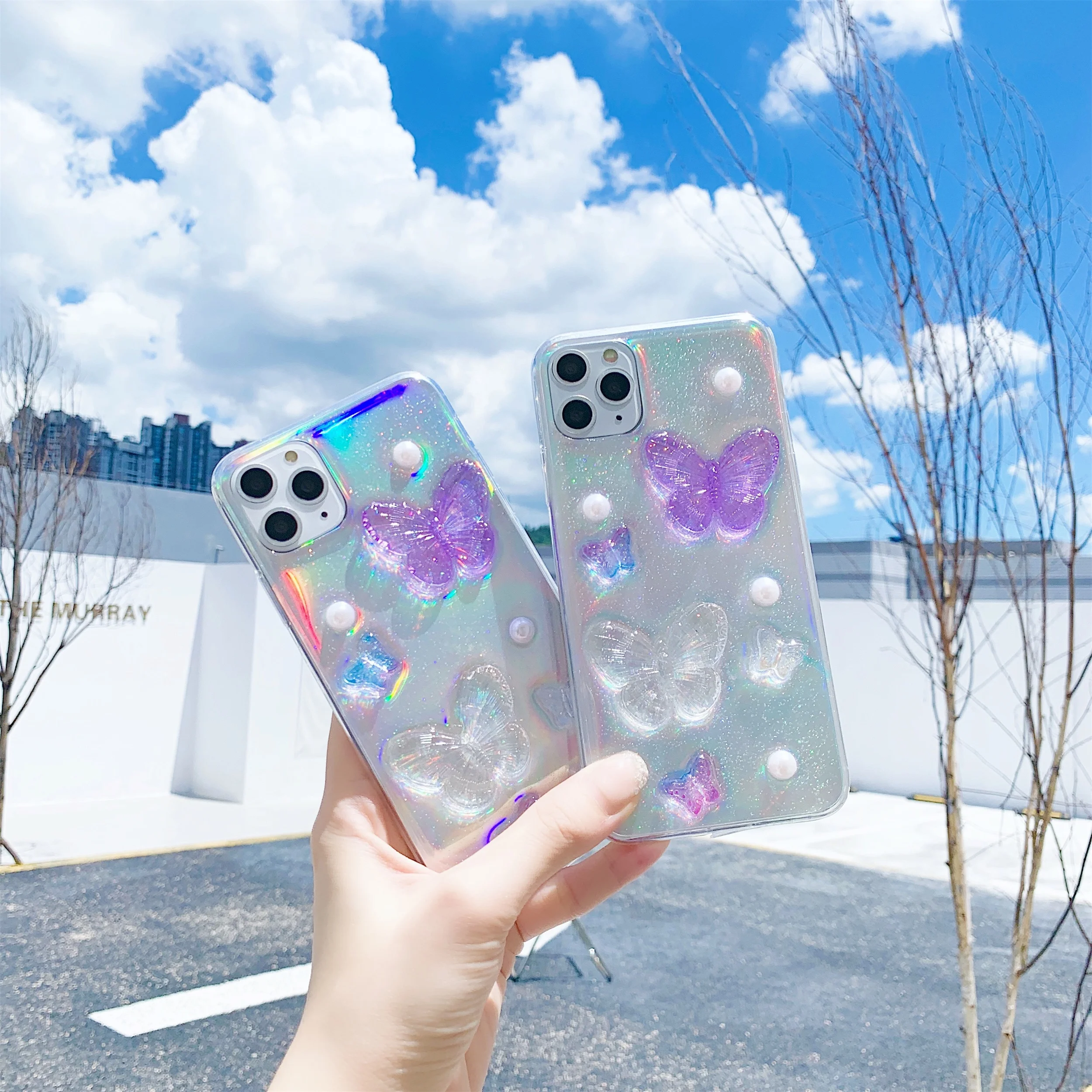 

3D Stereo Butterfly Laser phone cover for iPhone 8 7case 7Plus X Xr XS MAX 11pro 11ProMax SE 2020 Luxury pearls Anti-fall Case