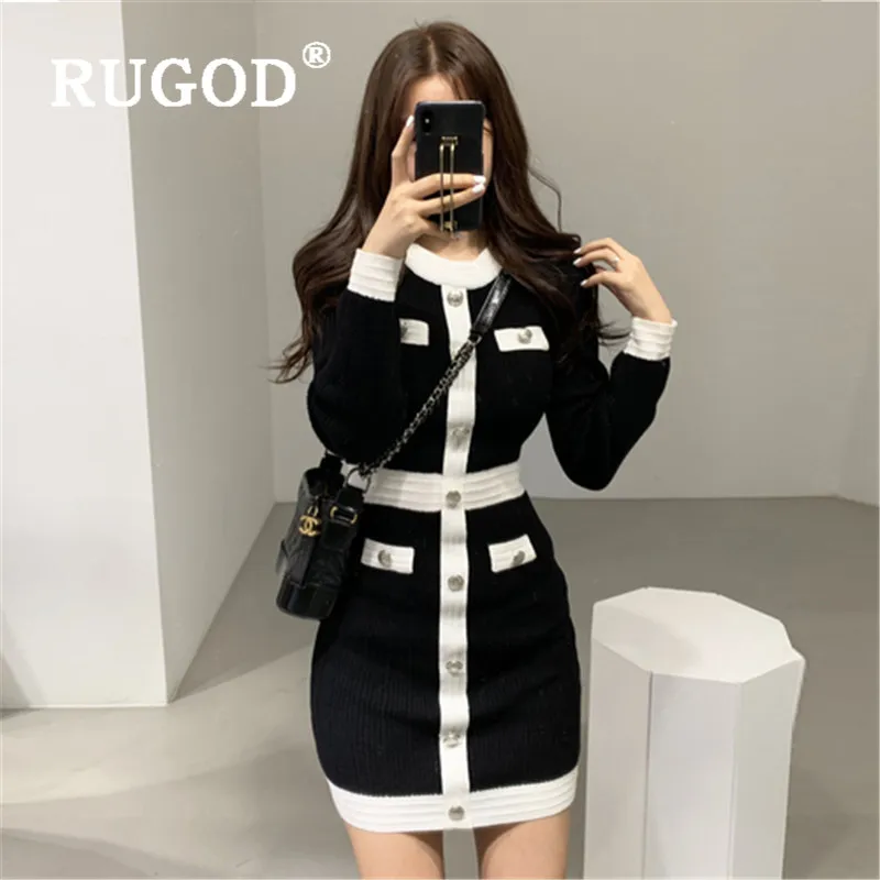 Женское однобортное приталенное платье RUGOD элегантное с поясом на осень и зиму