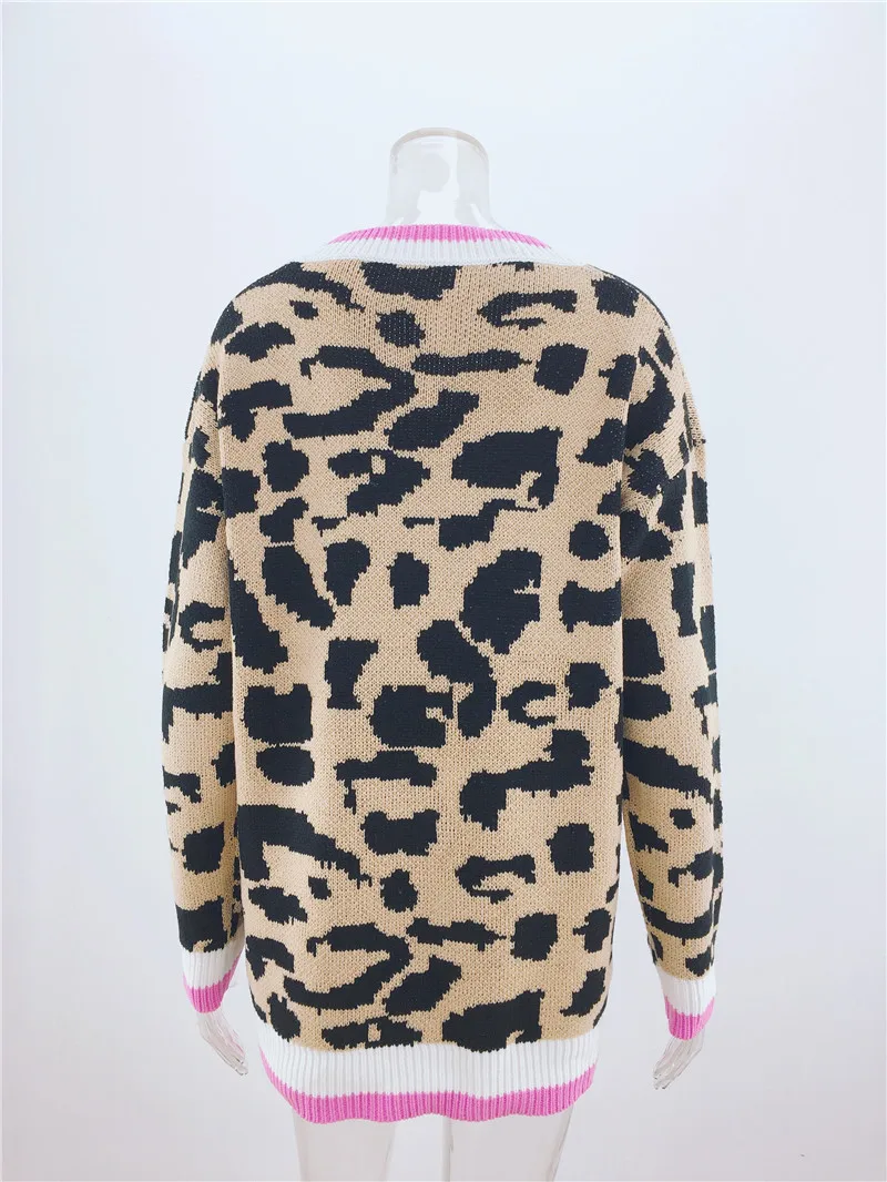 

Qooth Women Leopard Knitted Sweater Winter Animal Print V-neck Long Sleeve Female Pullovers Casual Loose Jumpers QT326