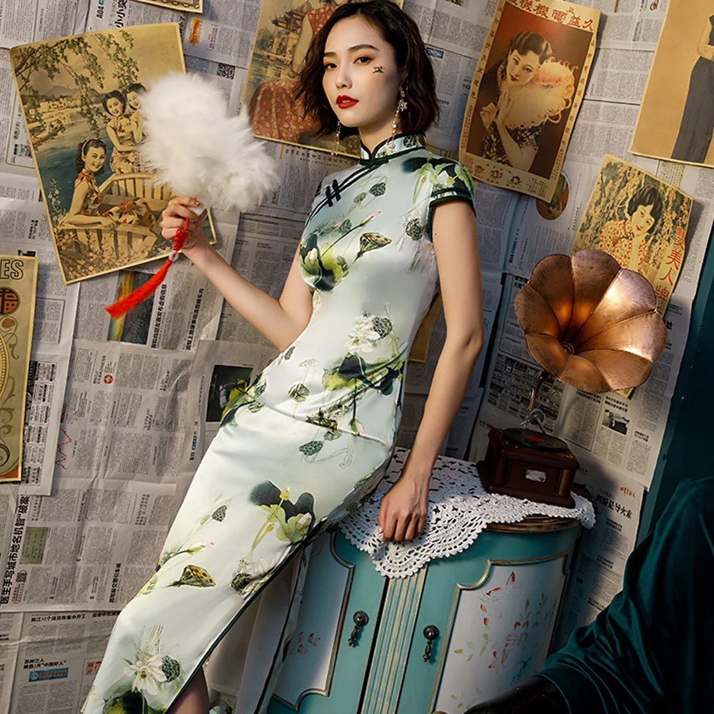Женское атласное платье-Ципао с винтажным принтом шелковое традиционное платье