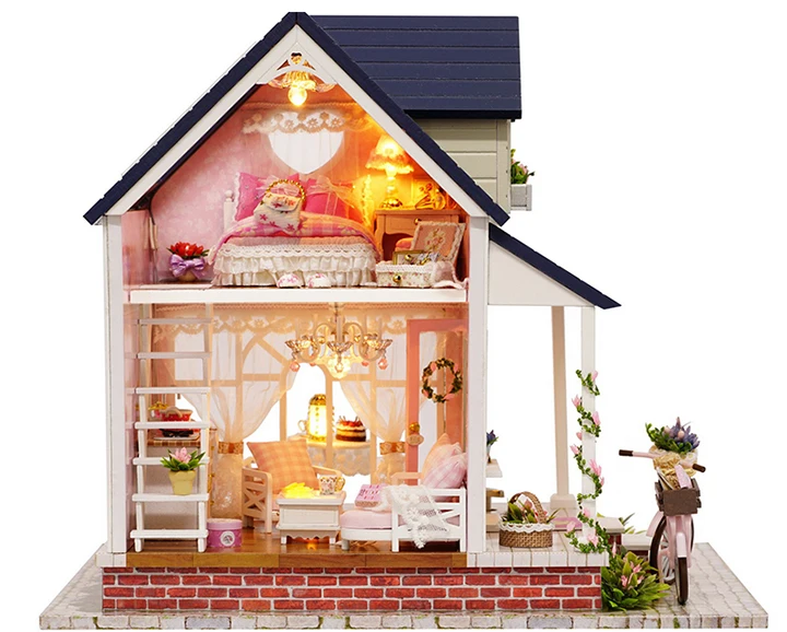 Muñeca casa miniatura DIY casa de muñecas con muebles de casa de madera juguetes para niños Regalo de Cumpleaños A066