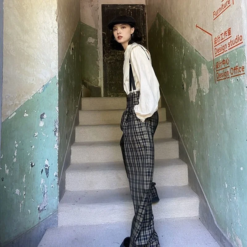 Повседневные брюки женские клетчатые Универсальные Длинные ретро-комбинезоны в