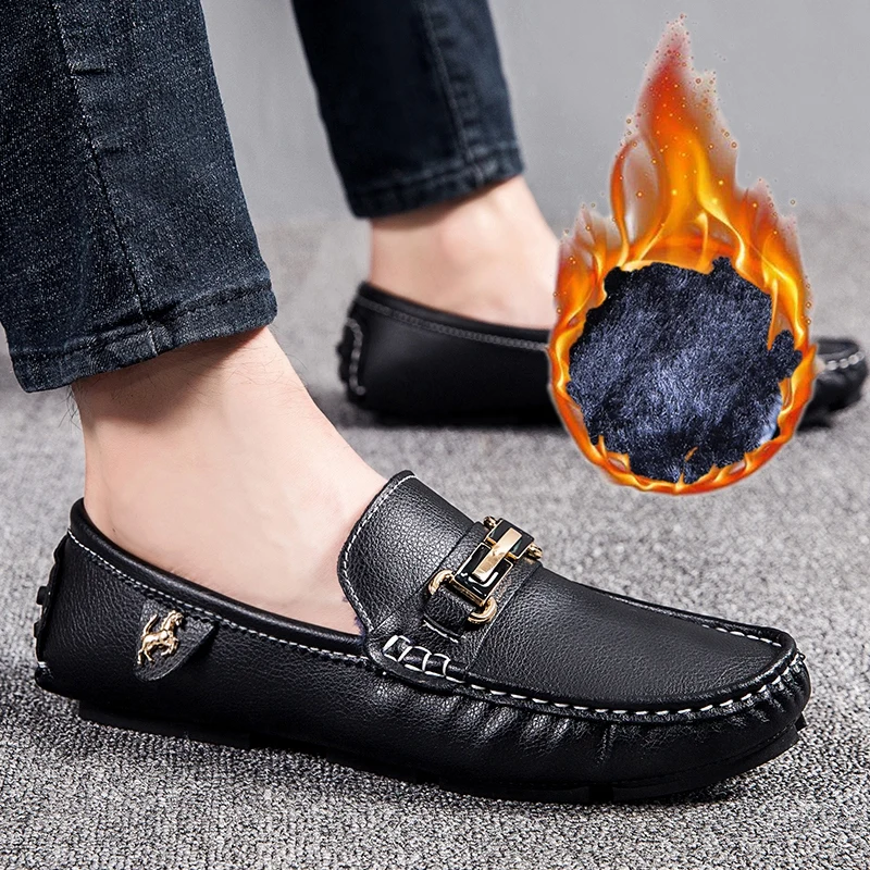 

Мужские кожаные лоферы FIXSYS, зимняя плюшевая теплая обувь для вождения, слипоны, Мокасины, меховая повседневная обувь, мужские топ-сайдеры с ...