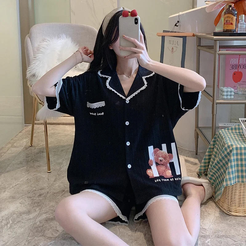 

Пижама женская летняя из натурального хлопка с коротким рукавом и принтом «бурый медведь»