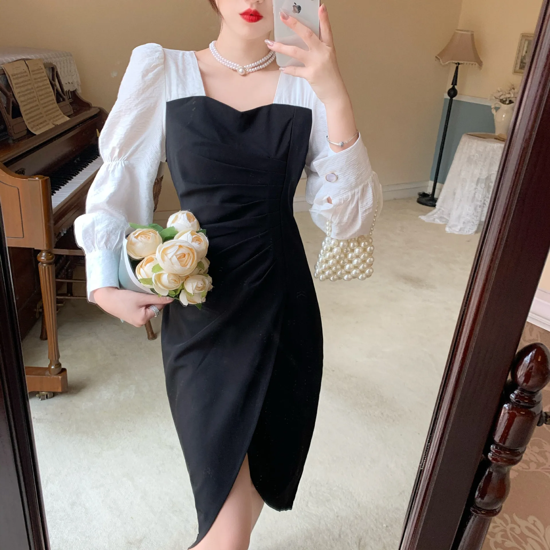 

New Women Office Elegant Dress Spring Autumn Long-sleeved Color Matching Bodycon Dress Lady Slit Mid-length Retro Pencil Dress
