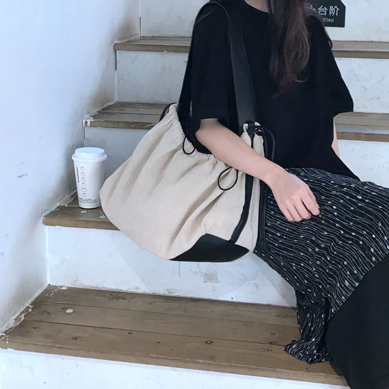 

Korean Contrast Color Women Handbag Drawstring Canvas Ladies Shoulder Bag Large Capacity Travel Bag