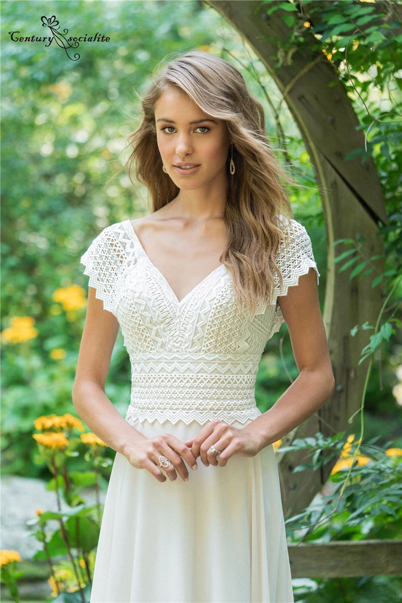 

Lace Boho Wedding Dresses for Bride V-Neck Backless Cap Sleeve A-Line Chiffon Beach Bridal Gowns Plus Size Vestido De Noiva