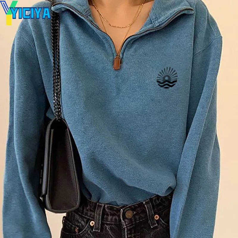 

YICIYA Women Hoodie Winter Temperament Pullover Lapel Loose Zipper Sweatshirts Casual Basic Vintage Us Style Hoodies Sweatshirt