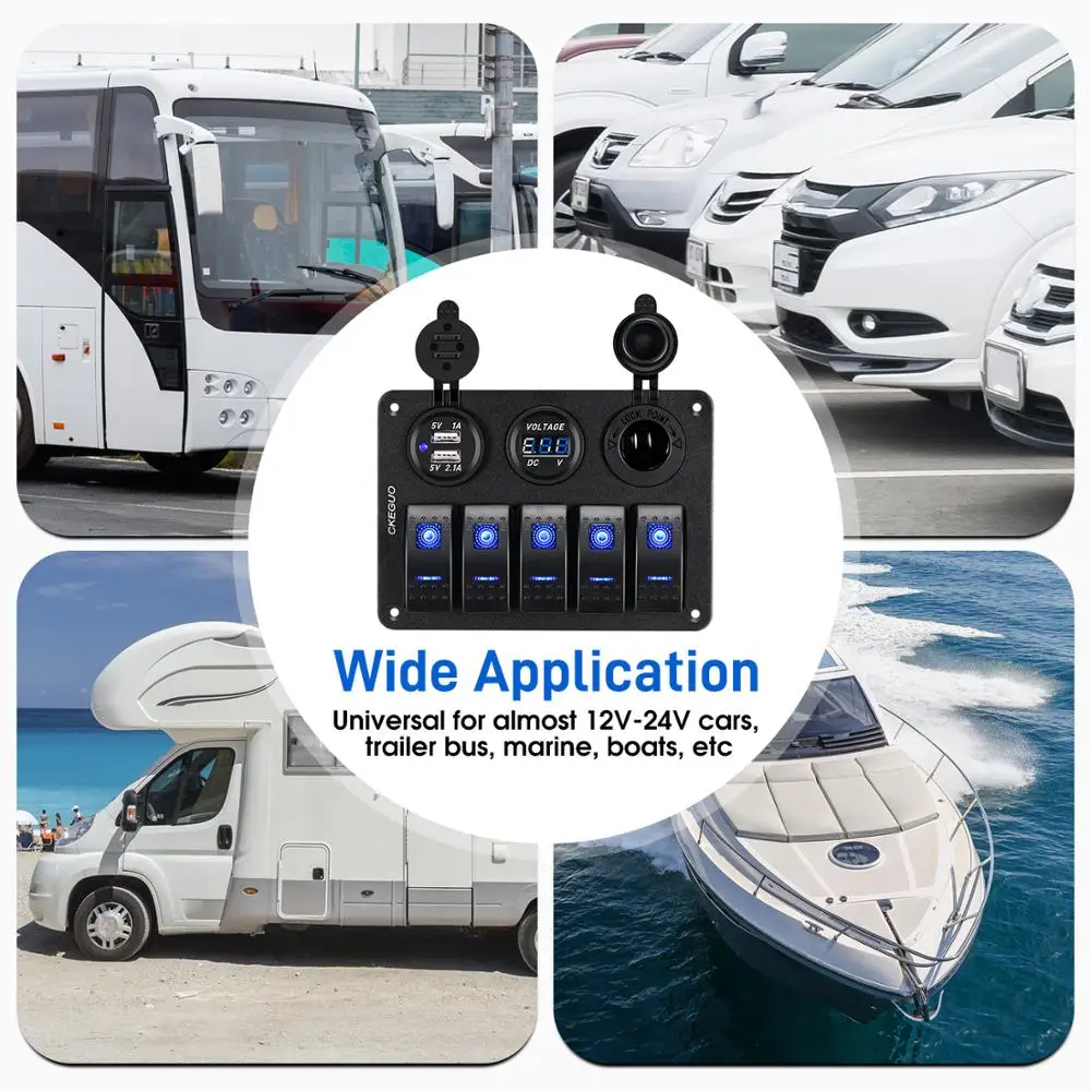 

Car Accessories 5 Gang LED Rocker Switch Panel Boat Marine Voltmeter & Fuse Box Dual USB Slot Socket Digital Voltage Display