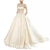 a line wedding dresses court train tulle half sleeve glamorous see through illusion sleeve with appliques 2021