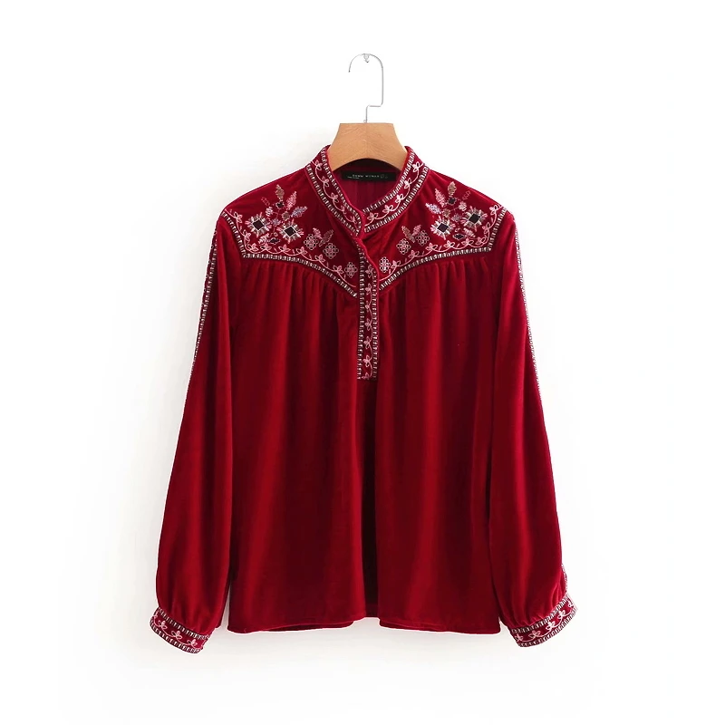 2018 Женская винтажная Вельветовая Повседневная рубашка со стоячим воротником