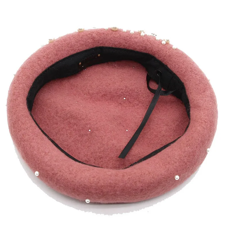 Женский Зимний берет теплая шерстяная шапка во французском стиле с жемчугом и