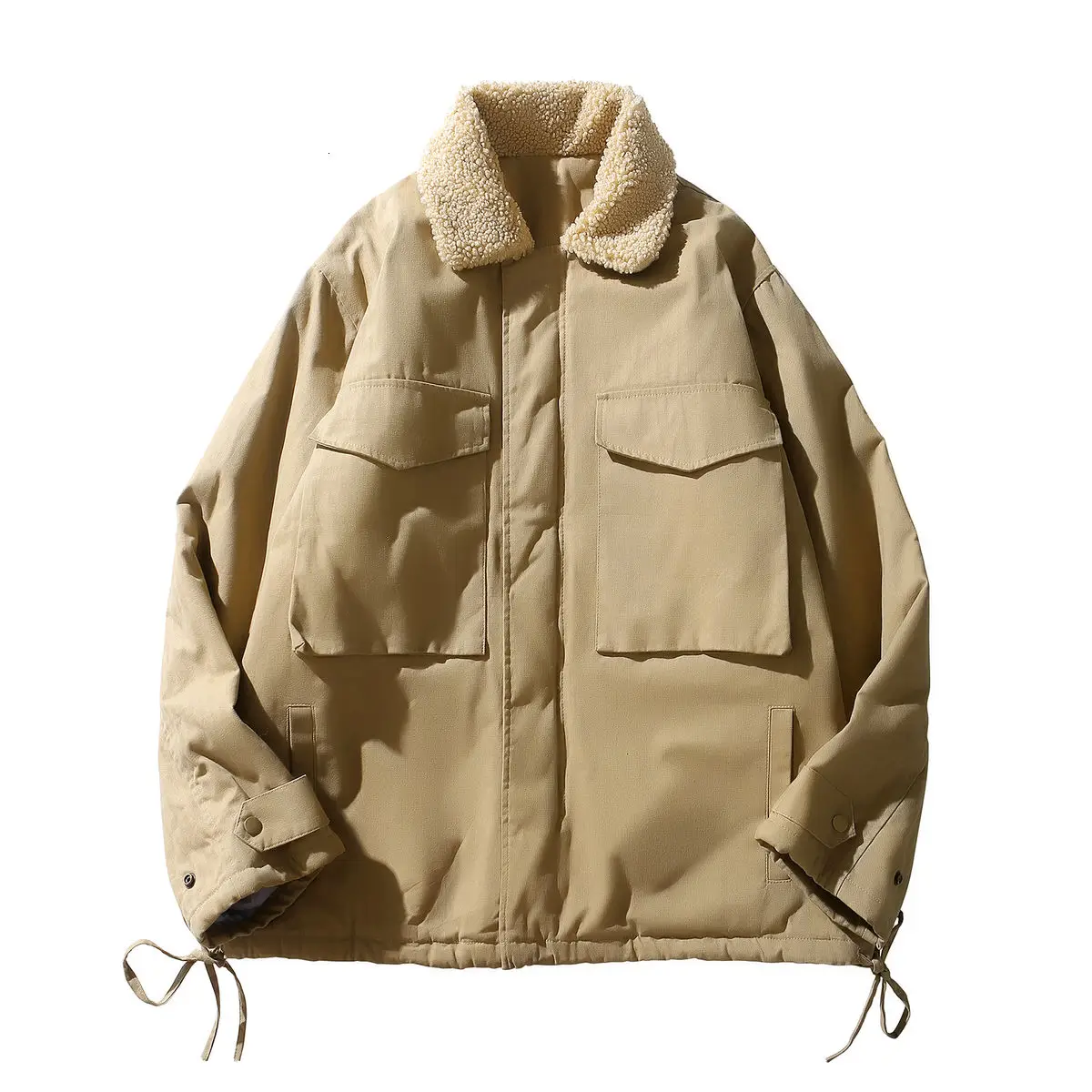 

Coats Men Lamb Wool Lapel Jackets Winter Thicken Warmth Short Windproof Cargo Tops Pocket Design Loose Retro Solid Jacket