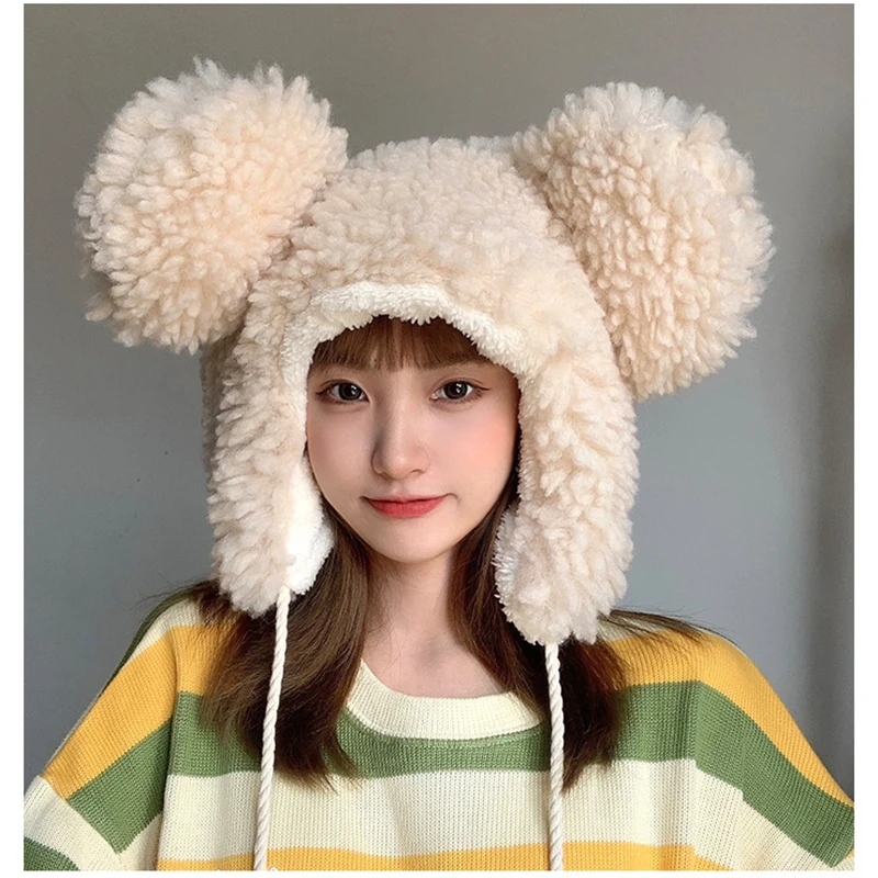 

53-58CM Women Winter Thicken Plush Warm Earflap Hat Cute Bear Ears Windproof Beanie Cap with Drawstring Chin Strap Cartoon Plush