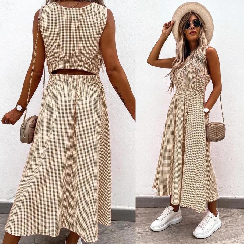 

Elegant Fashion Plaid Print Lady Dress 2021 Summer Casual Pocket Back A-Line Party Dress Women Fashion Loose Beach Dress Mujer