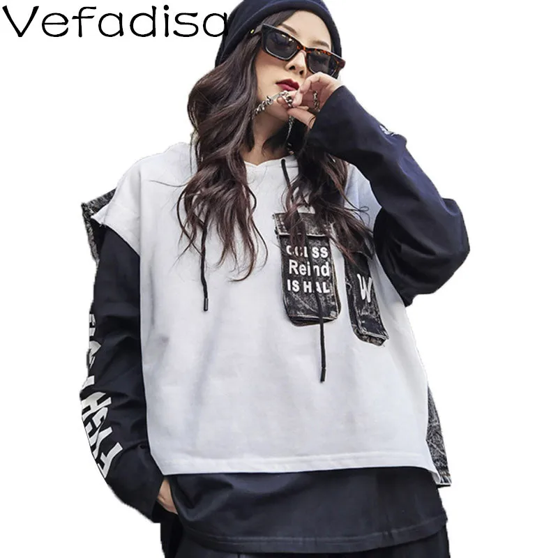 

Vefadisa Plus Size Denim Patchwork Women Coat 2021 Spring Stitching Color Pullover Jacket Spliced Hooded Women Jacket QYF5104