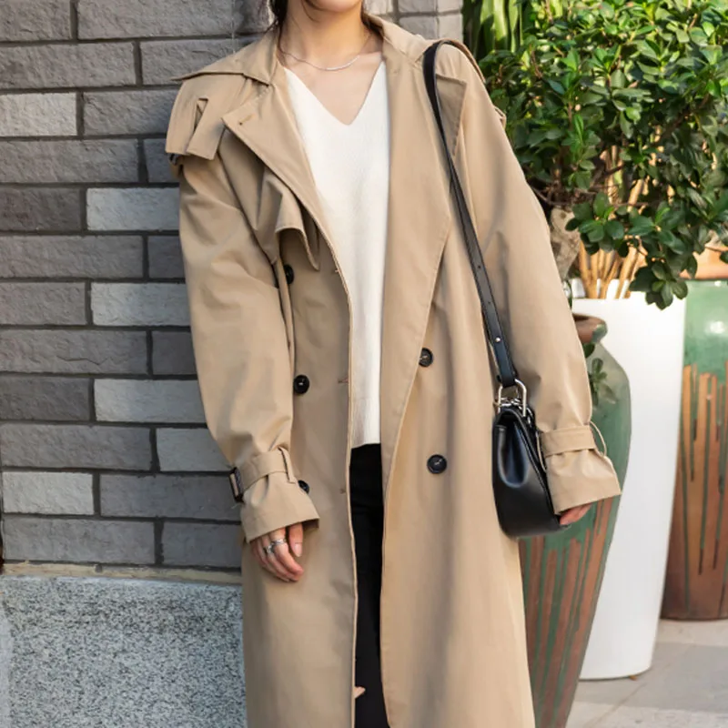 

CBAFU women cotton long windbreaker jacket elegant double breasted trench coat spring autumn solid sashes Chic Outerwear Q052