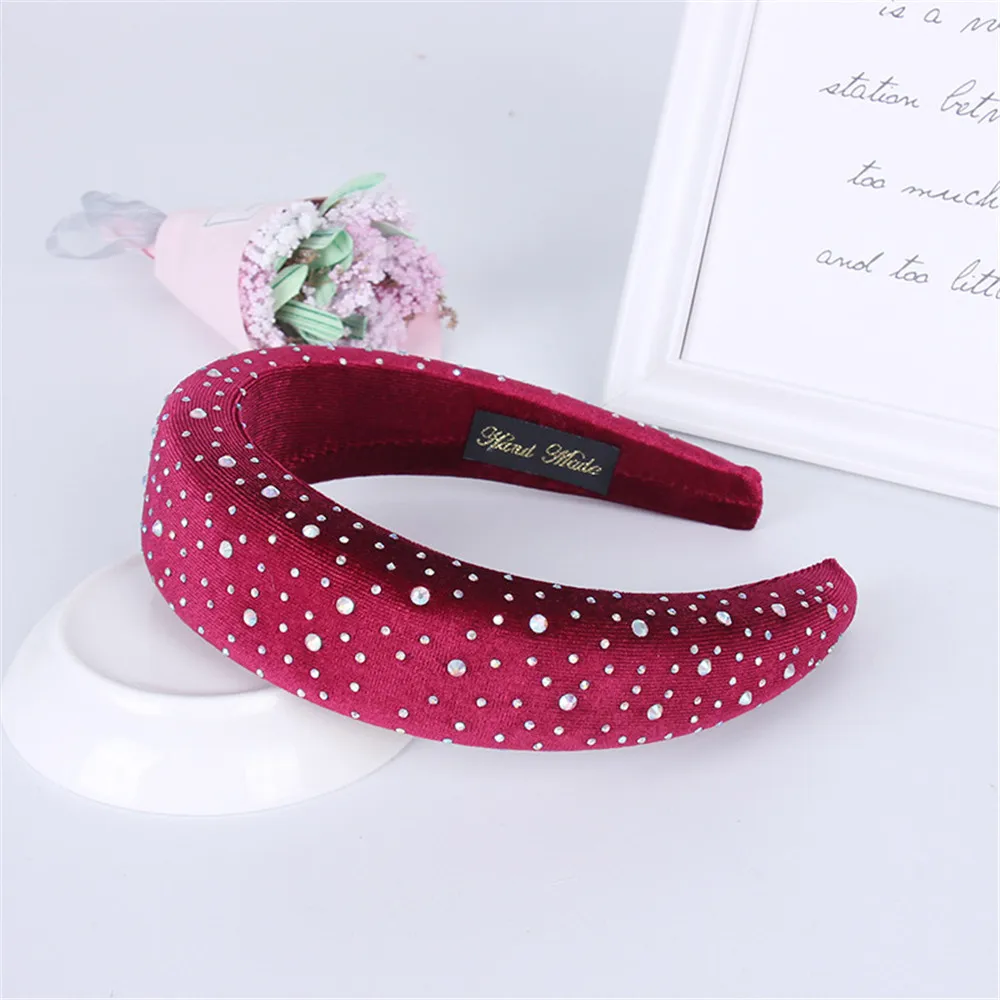 

2021 Fashion Hot Rhinestone Velvet Cloth Headband Diamond Gold Velvet Rhinestone Sponge Headband Women Girls Wide Hair Hoop