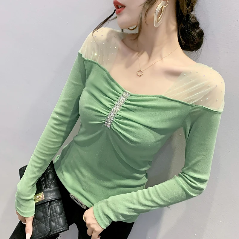 

Autumn Patched Mesh Square Collar T-Shirts Women Long-Sleeved Wrinkled Beading TShirt Femme Sexy Tops