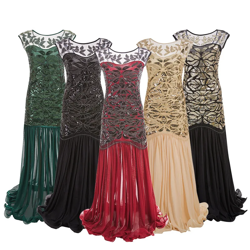 

Mermaid Gown Gatsby Vintage 1920s Flapper Beaded Sequins Maxi Sheer Dresses Sparkly Women Long Prom Dress Vestidos Elegantes