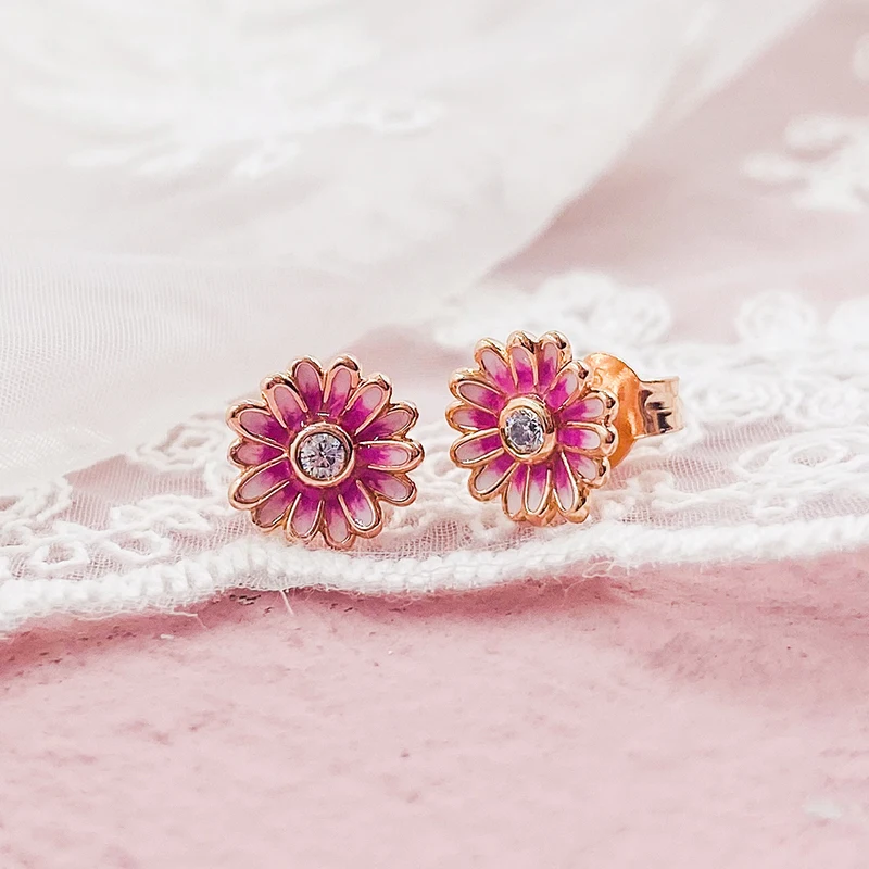 

2020 New Spring Pink Daisy Flower Stud Earrings For Women 925 Sterling Silver Earing S925 Brincos Fine Jewelry Gift