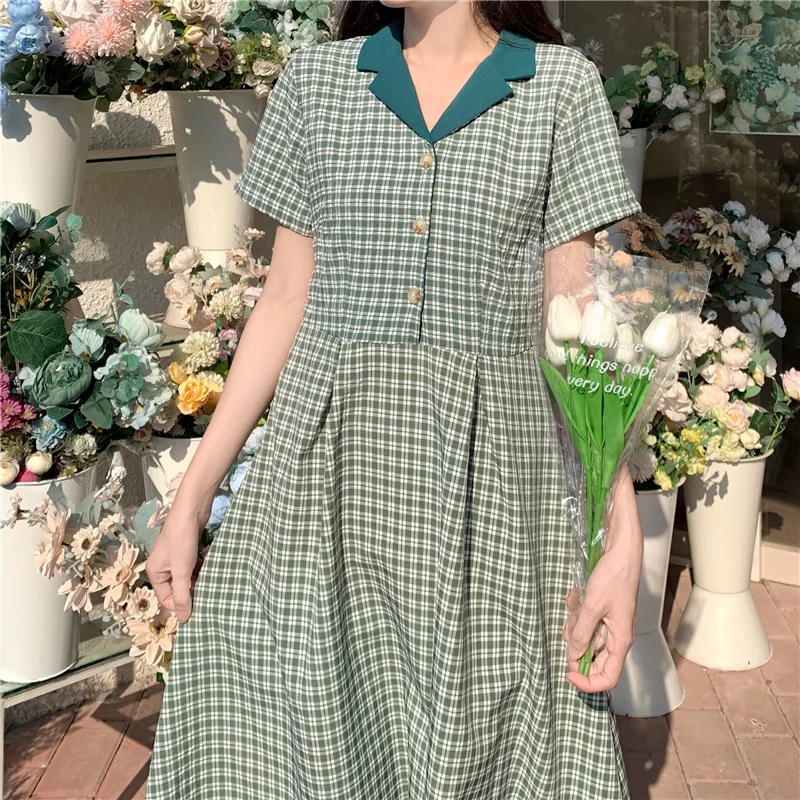 

Summer 2021 French Style Retro Minority Plaid Cinched Slimming Short Sleeves Dress for Women