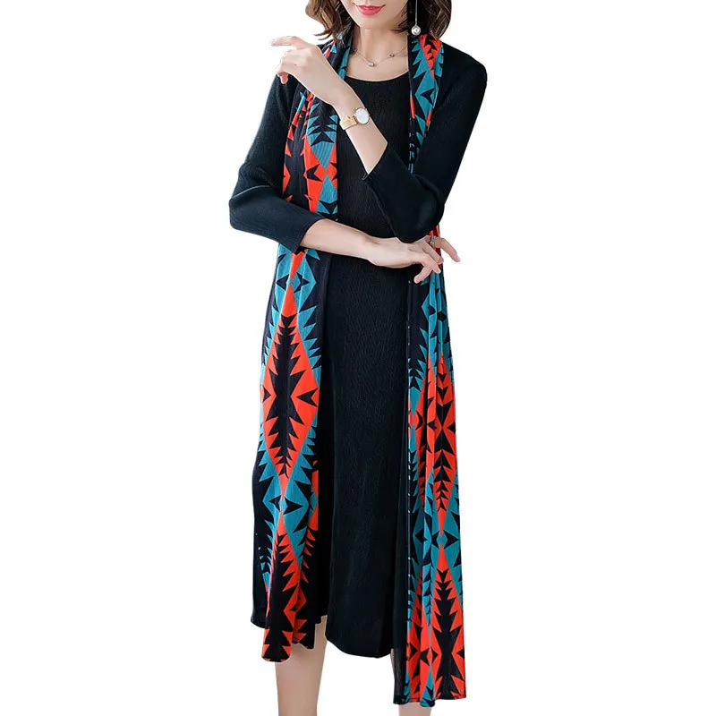 

Dress For Women 45-75kg Spring New Fashion Hit Color Scarf Round Neck Three Quarter Sleeve Elastic Loose Miyake Pleated Dress