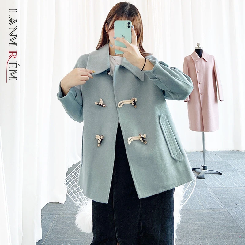 

LANMREM 2021 Autumn Winter New Double-sided Cashmere Coat Women Ox Horn Buckle Lapel Long Sleeve Coats Female Fashion 2W899