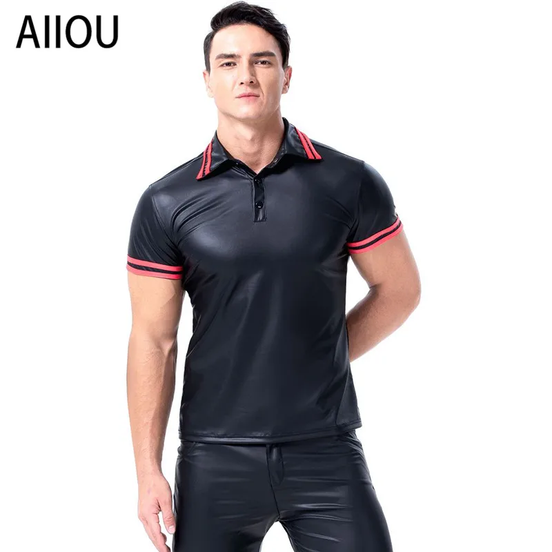 

AIIOU Mens T-shirts PU Leather Short Sleeve T Shirt Sexy Black Faux Leather Shirt Wet Look Undershirt Party Clubwear Gay Shirts