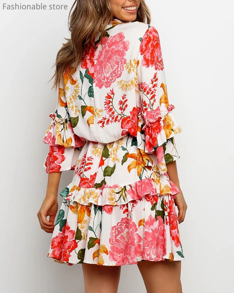 

Women Elegant Floral Print A-line Dress O-neck Ruffles Butterfly Sleeve Sweet Dress