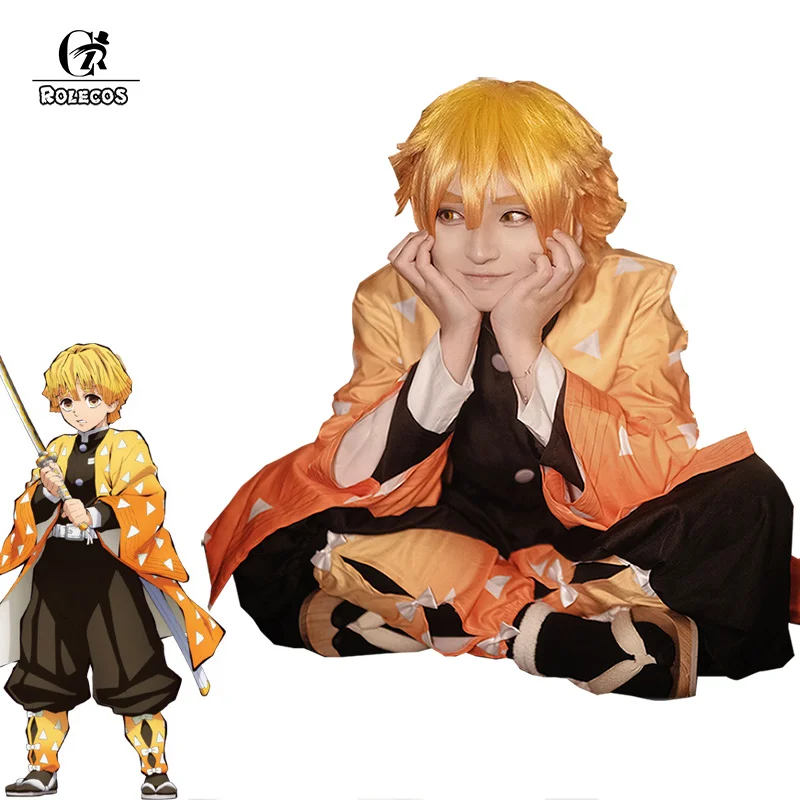 ROLECOS аниме Demon Slayer Косплей Костюм агатсума зенитсу Kimetsu no Yaiba Косплей Костюм мужской кимоно желтый Униформа полный комплект
