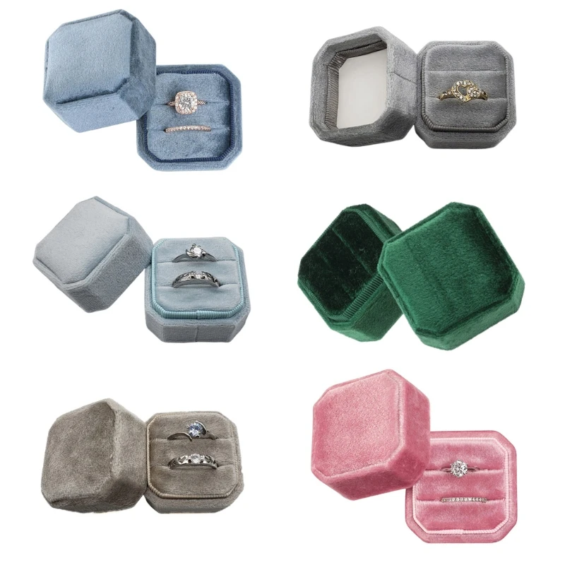 

Octagon Velvet Ring Bearer Box Vintage Double Ring Display Holder with Detachable Lid for Proposal, Engagement, Wedding