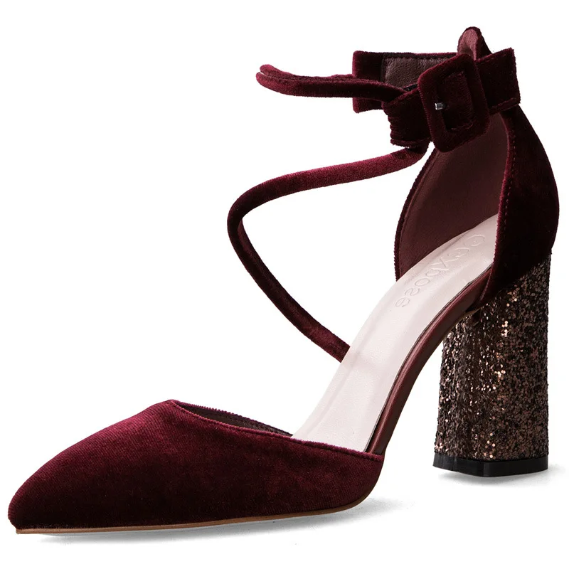 

black suede women's sandals pointed Word with hollow heel pumps