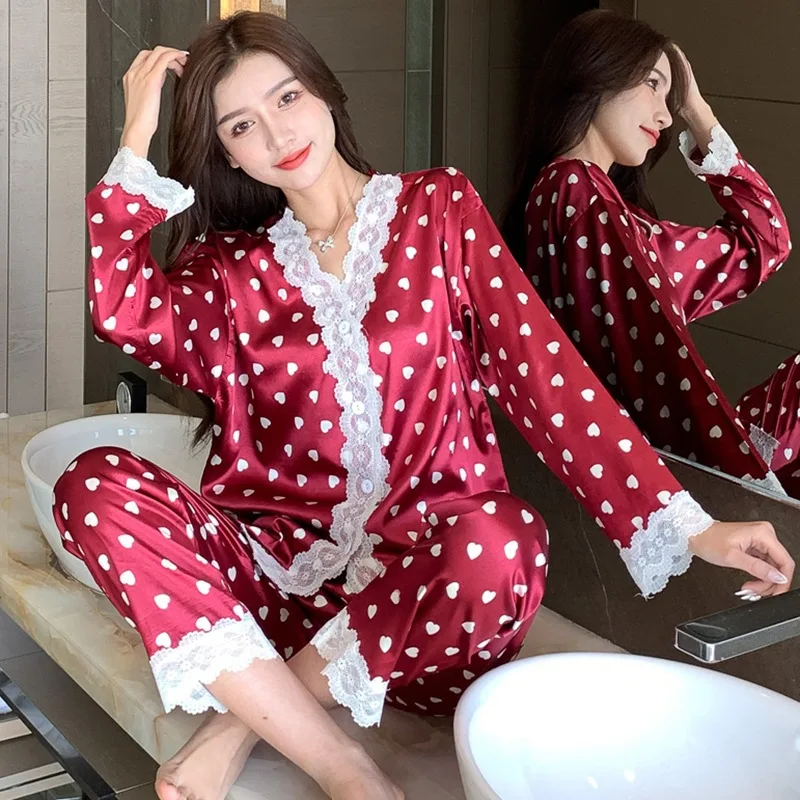 Spring Summer Ice Silk Women's Pajamas Korean Sexy Sleepwear Sweet Fashion Long Sleeve Cardigan Home Wear Set Nightwear