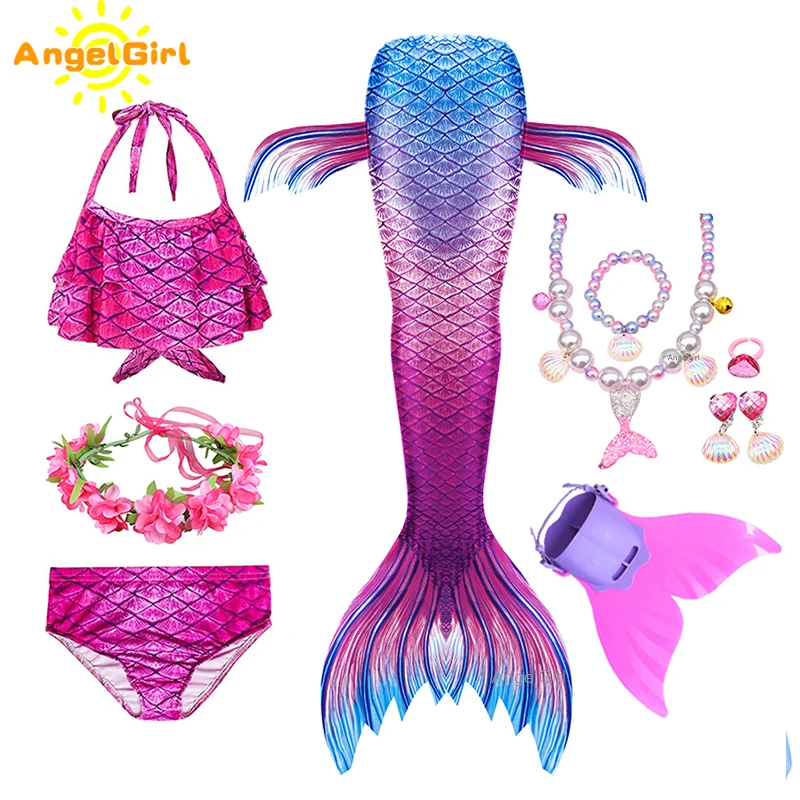 angelgirl 2021 girls swimmable mermaid tail princess dress with monofin kids holiday mermaid costume cosplay swimsuit birthday free global shipping