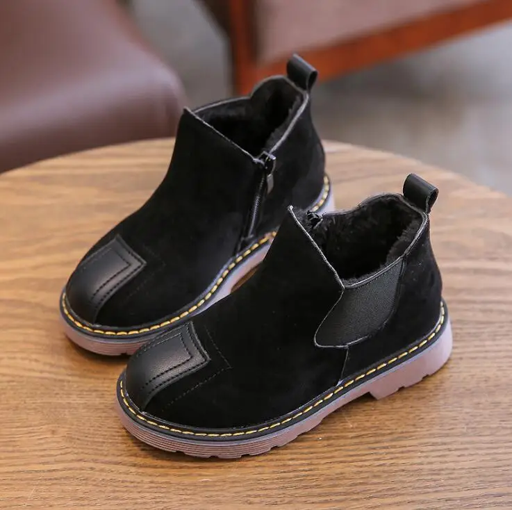 black Winter British Children Leather Boots Warm Wool Big Girls Short Waterproof Boots Boys Cotton Fur Shoes Baby Toddler Fashion Show - Цвет: black