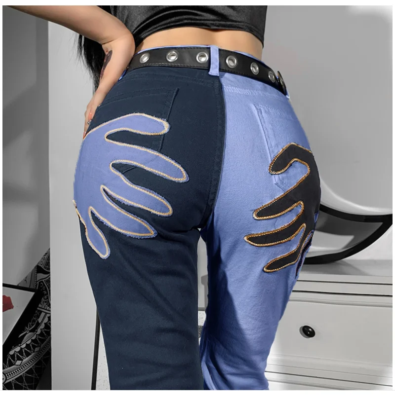 Palm skinny jeans feminine autumn new style patch embroidered contrast color slim high waist jeans women flared pants