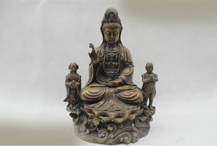 803++++++ 12&quotChina Folk Pure Bronze Lucky Two Boy Kwan-Yin Bodhisattva Statue | Дом и сад